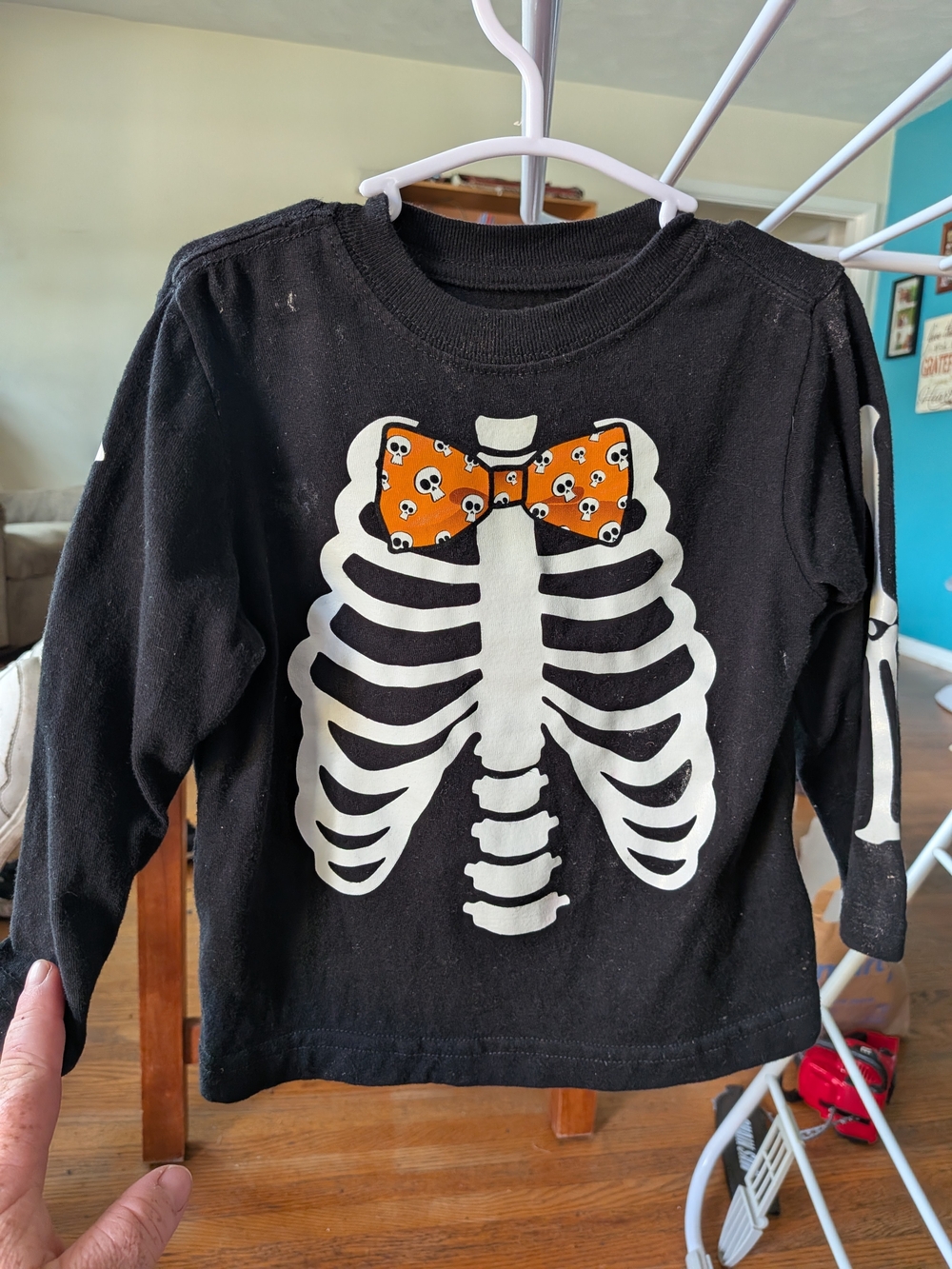Kids Black Skeleton Rib Cage Long-Sleeve Tee with Orange Skull Bow